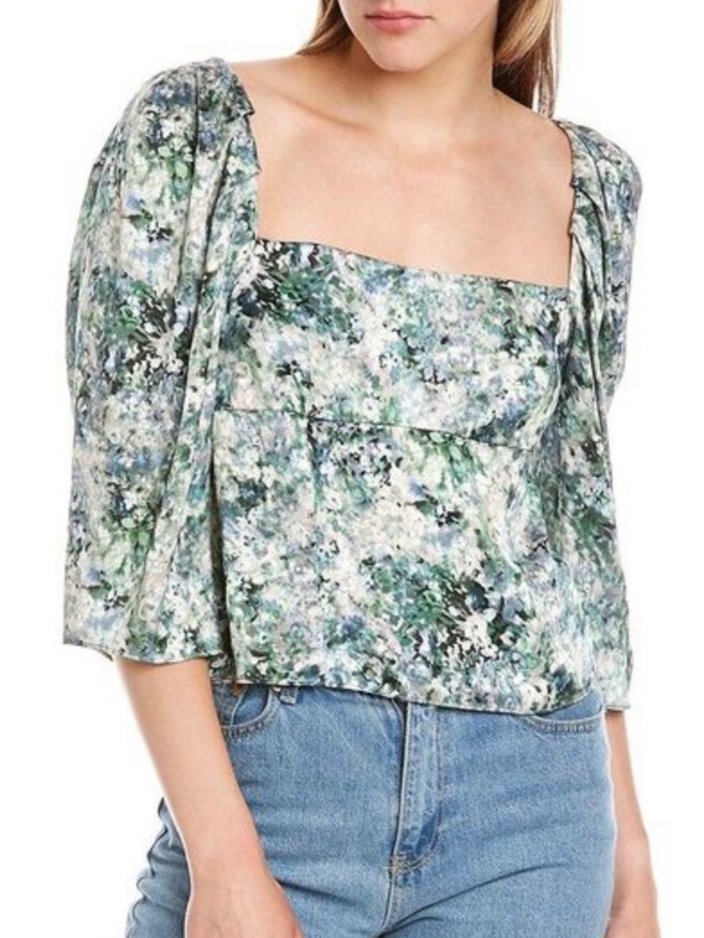 Vince Painted Floral Satin Blouse Top Green Blue Square Neck